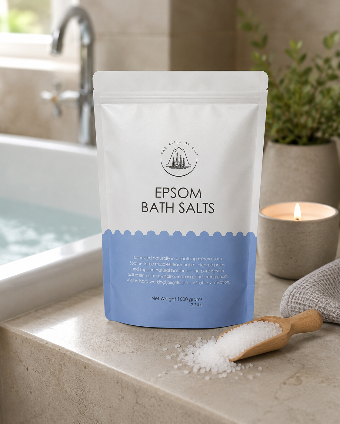 The Rites of Salt Epsom Bath Salts 1kg beside a bath with Epsom salt crystals