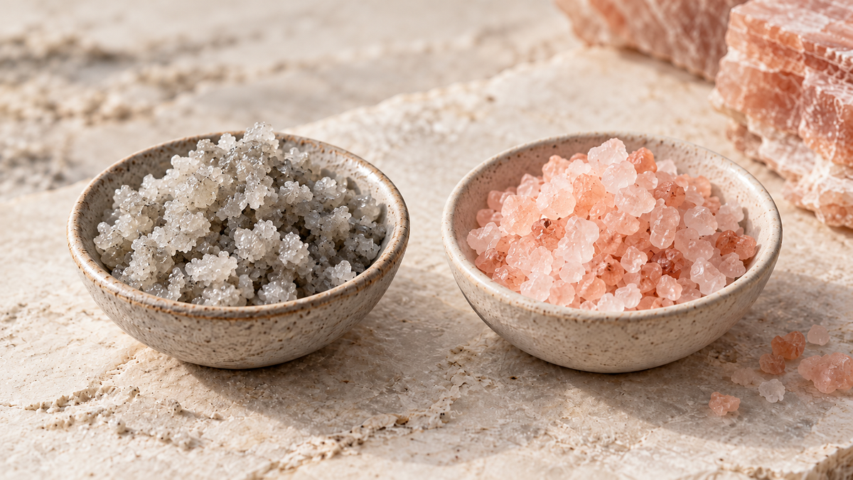 Grey sea salt and Himalayan pink salt shown side by side for comparison